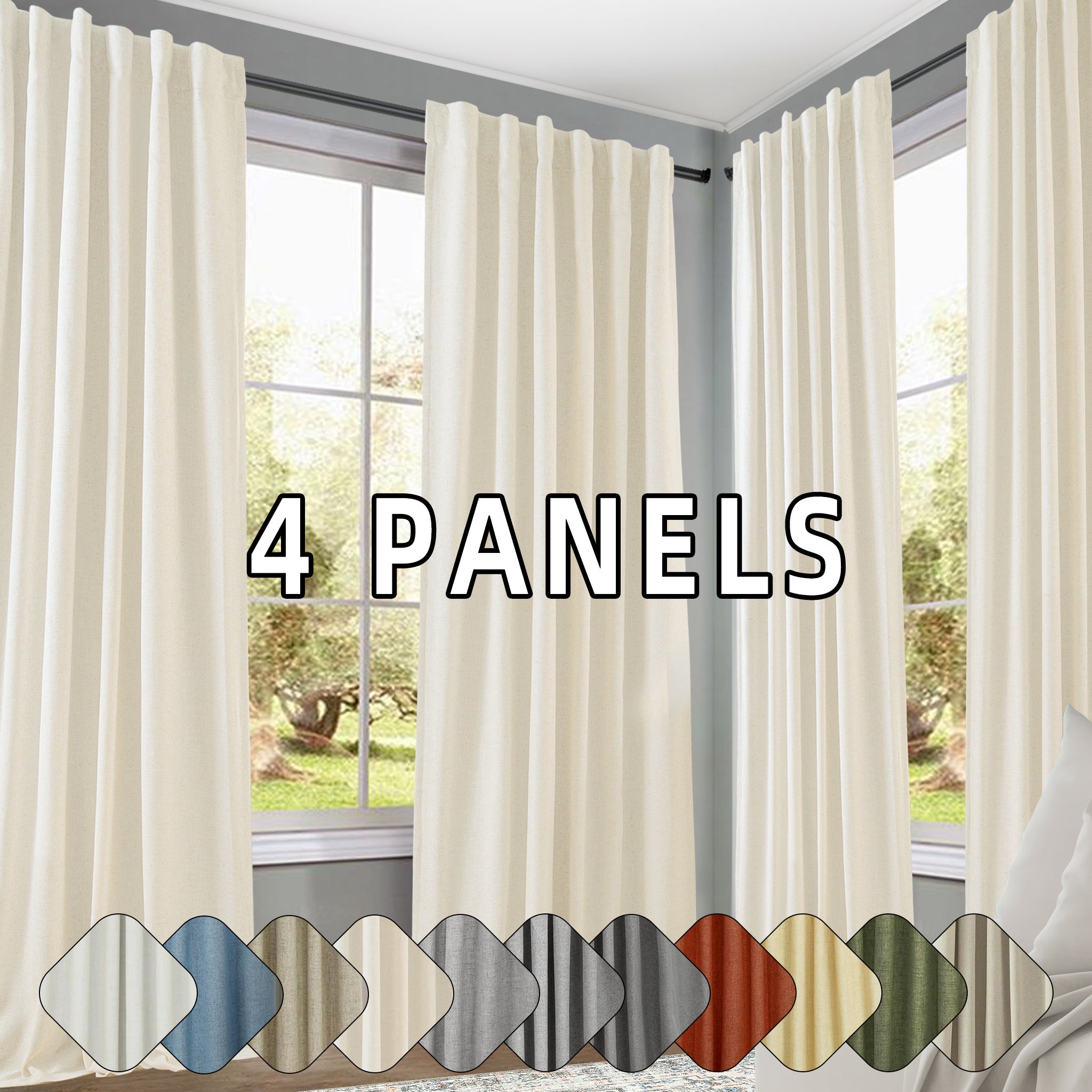 Blackout Linen Curtains 4 Panels 100% Blackout Linen Curtains | Thermal Insulated Rod Pocket Back Tab Full Light Blocking for Bedroom Farmhouse Living Room