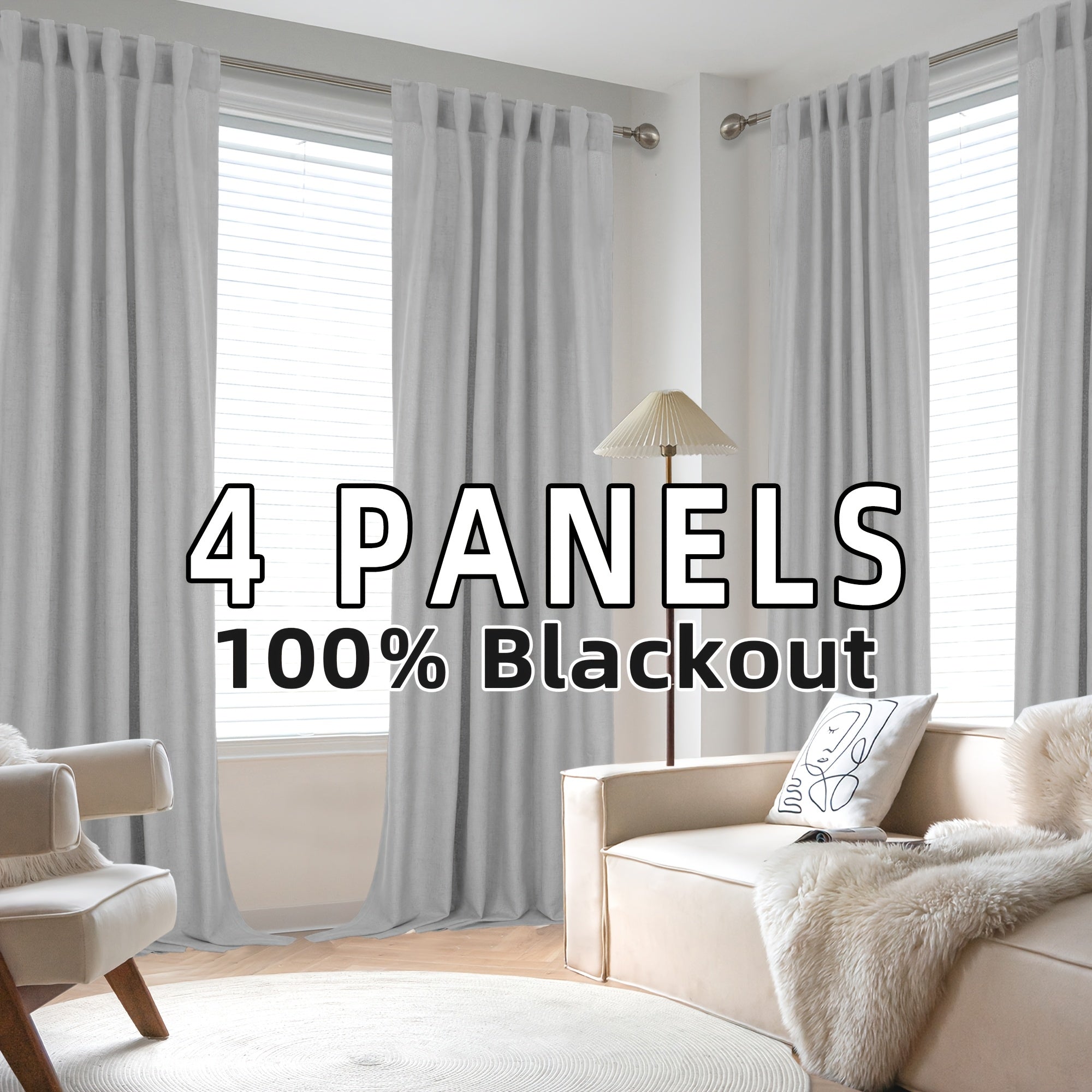 Blackout Linen Curtains 4 Panels 100% Blackout Linen Curtains | Thermal Insulated Rod Pocket Back Tab Full Light Blocking for Bedroom Farmhouse Living Room
