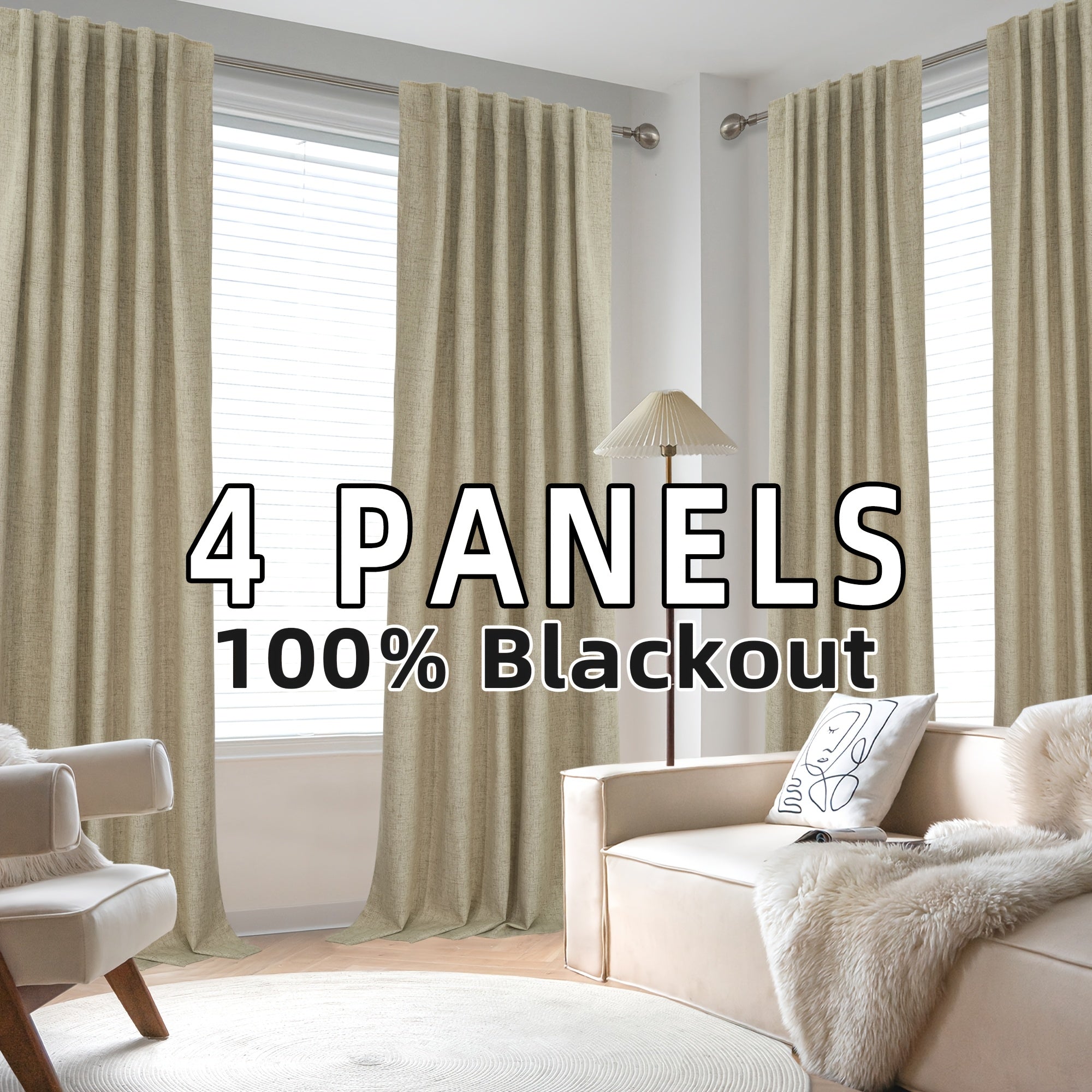 Blackout Linen Curtains 4 Panels 100% Blackout Linen Curtains | Thermal Insulated Rod Pocket Back Tab Full Light Blocking for Bedroom Farmhouse Living Room