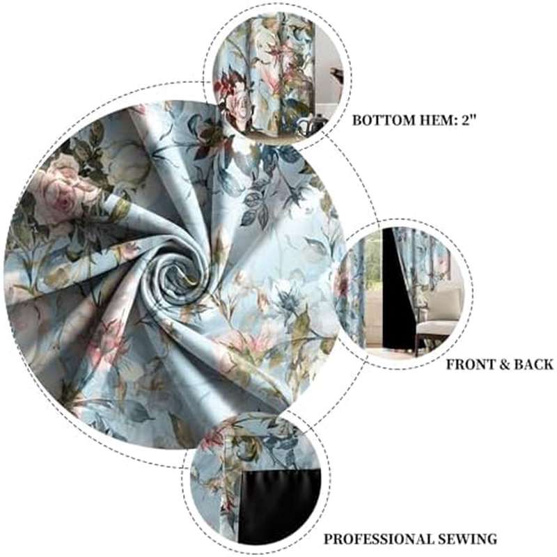 Blue Rose Floral Blackout Curtains, Light Blue Watercolor Flowers Blossom Bedroom Window Curtains, Vintage Grommet Window Drapes for Living Room 42W x 84L 2 Panels Set