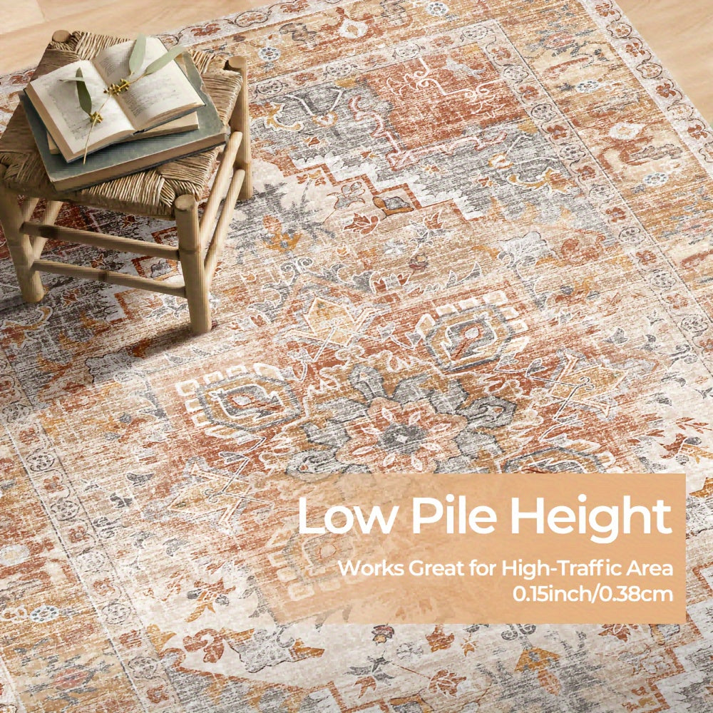 One Washable Rug in Orange And Cream, Made of Faux Cashmere with a Short Plush Texture. It Features a Non-Slip Backing And Is Soft, Non-Shedding, And Has a Durable Edge, Suitable for Decorating Living Rooms, Bedrooms, Kitchens, Laundry Areas