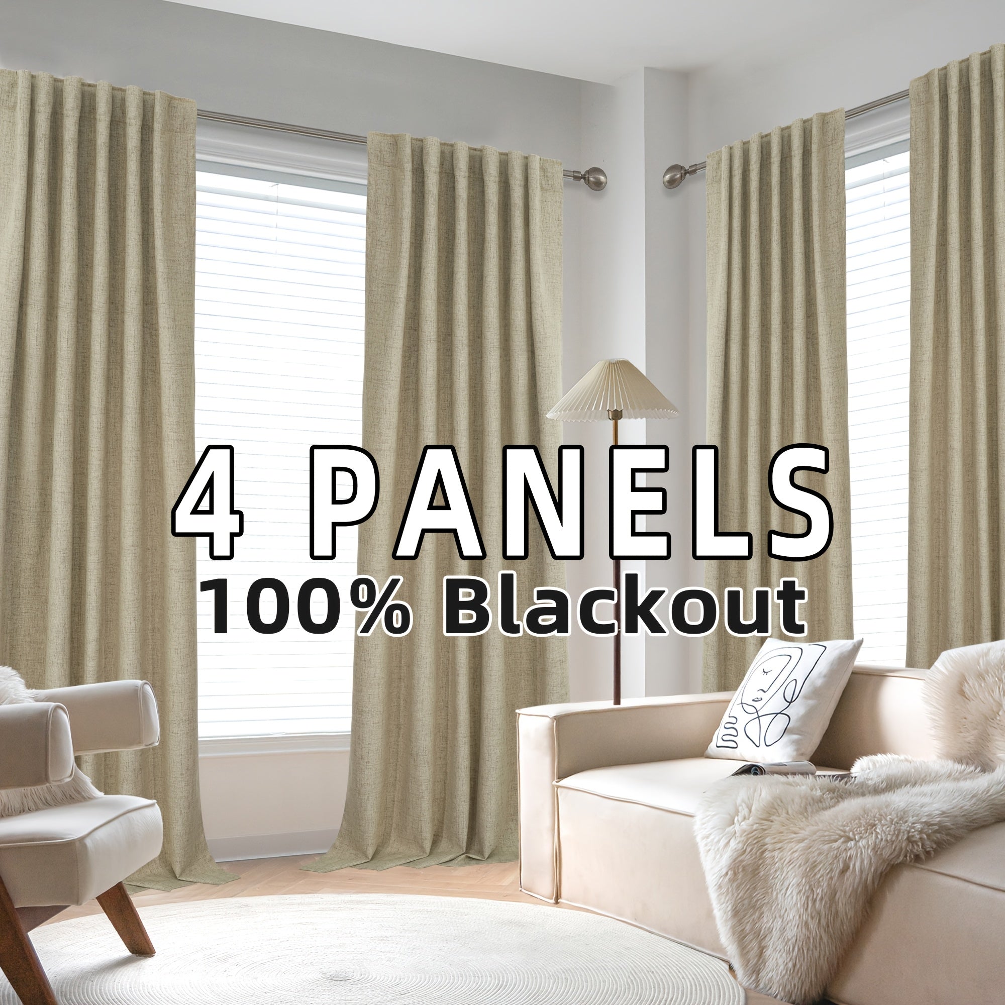 Blackout Linen Curtains 4 Panels 100% Blackout Linen Curtains | Thermal Insulated Rod Pocket Back Tab Full Light Blocking for Bedroom Farmhouse Living Room