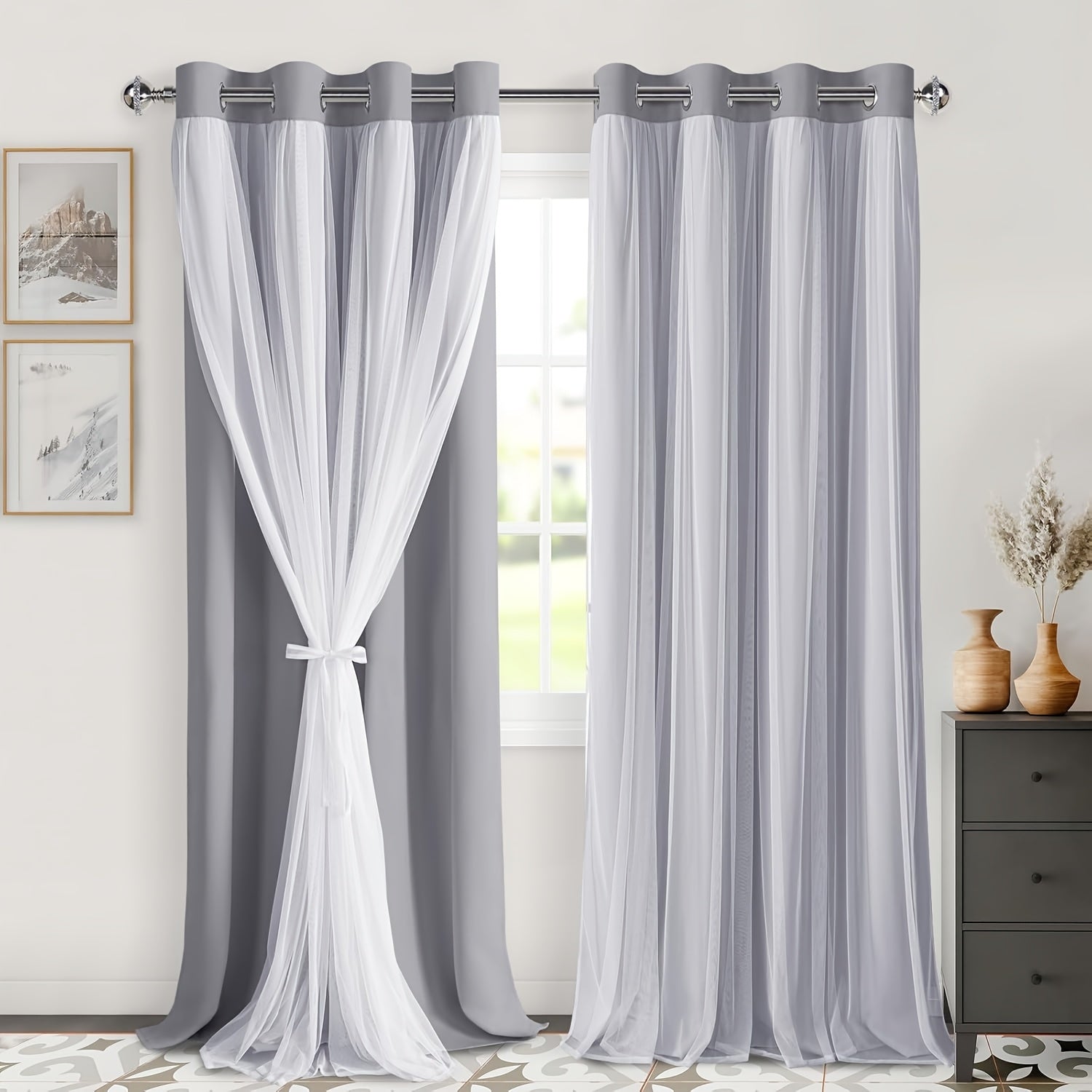 2 Panels Blackout Curtains with Sheer Overlay Thermal Insulated Mix & Match Double Layer Window Panels for Bedroom Living Room Drape Sewn with Tiebacks Grommet Top