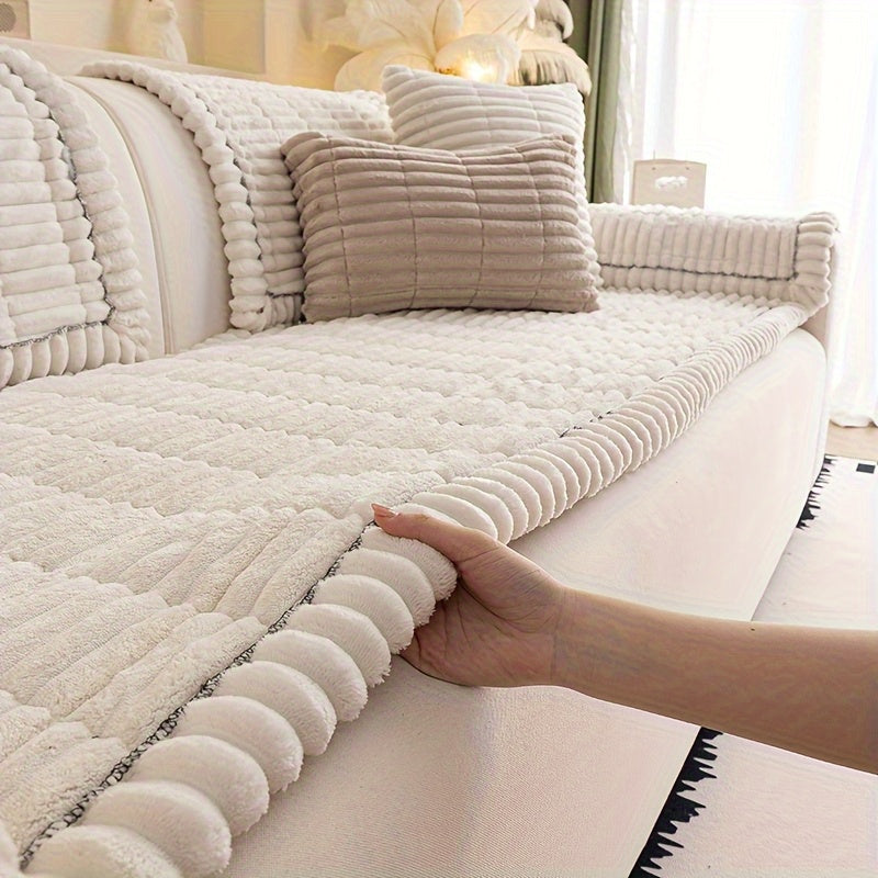 1pc Bohemian Plush Sofa Cushion Suitable for All Sofa Types, Thickened Pet-Friendly Cushion Cover with Ruffled Edges, Machine Washable Non-Slip Cover Fits for Single\u002FDouble\u002FTriple\u002FQuad Sofas, Quilted for