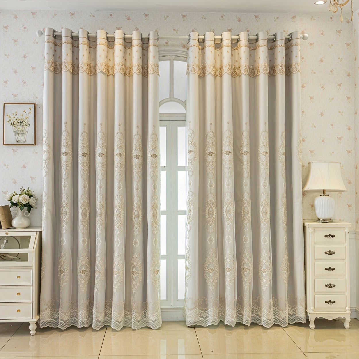 2pcs Double Layered Embroidered Blackout Curtains, Living Room, Bedroom, Dining Room, Kitchen, European Romantic Bay Window Curtains, Embroidered Curtains, Home Decoration