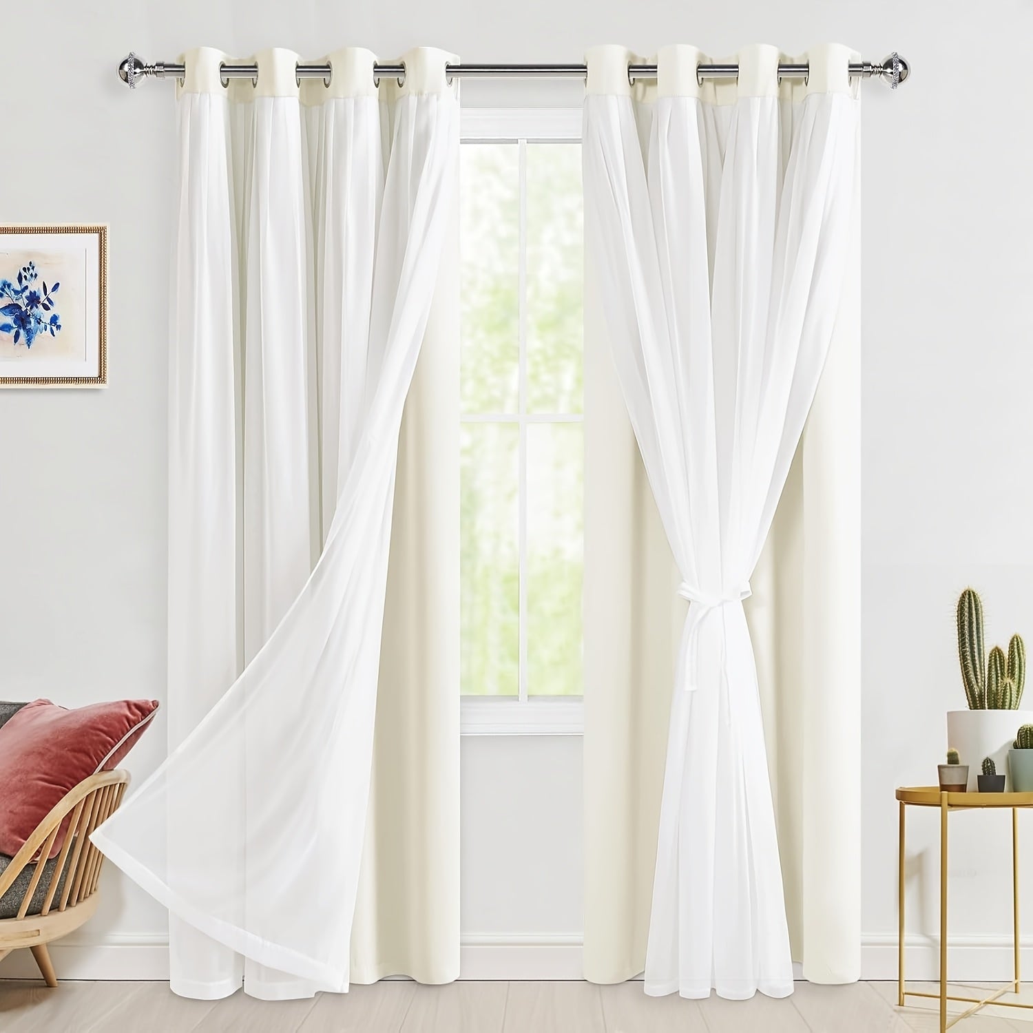 2 Panels Blackout Curtains with Sheer Overlay Thermal Insulated Mix & Match Double Layer Window Panels for Bedroom Living Room Drape Sewn with Tiebacks Grommet Top