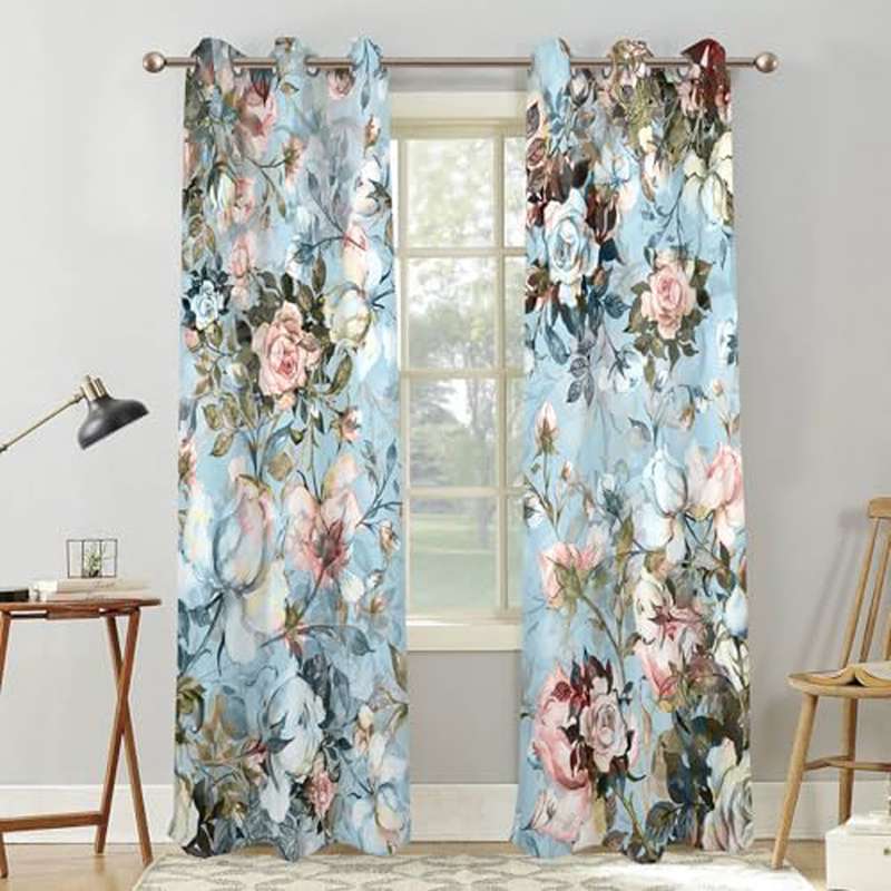 Blue Rose Floral Blackout Curtains, Light Blue Watercolor Flowers Blossom Bedroom Window Curtains, Vintage Grommet Window Drapes for Living Room 42W x 84L 2 Panels Set
